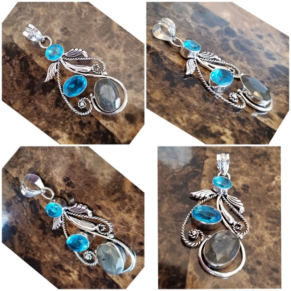 Genuine Blue Topaz & Labradorite Pendant 2.90" - Picture 3 of 4